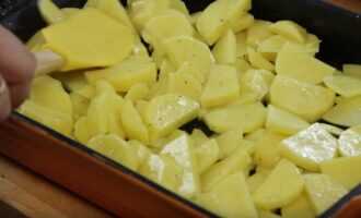 Смазываем противень маслом и выкладываем картошку